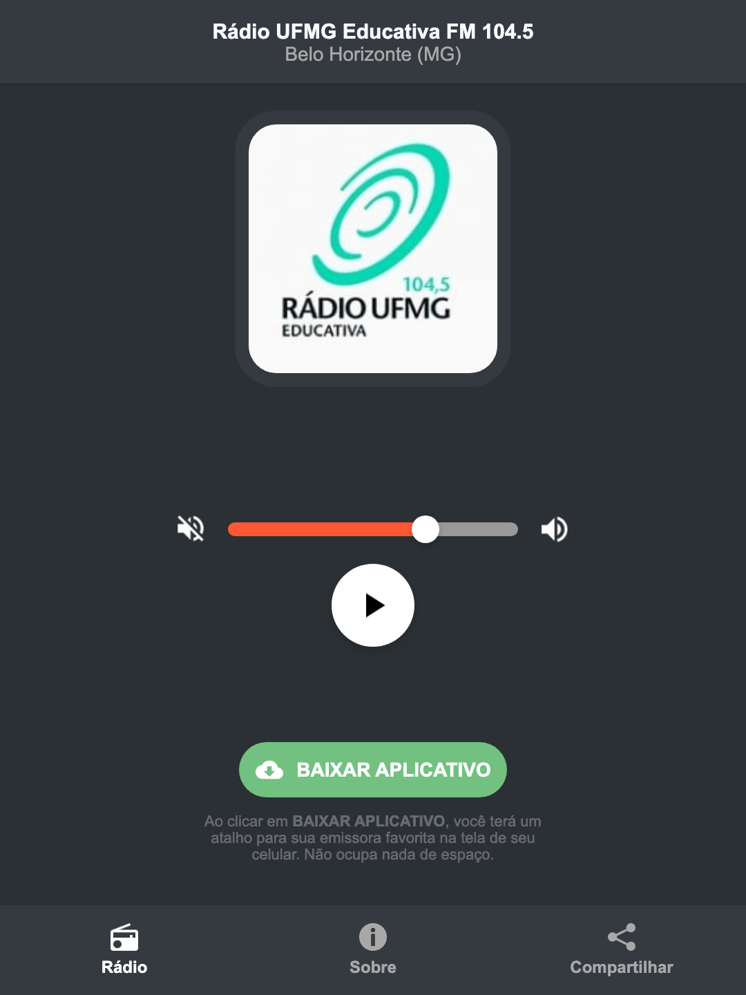 Screenshot do aplicativo da Rádio UFMG Educativa FM 104.5