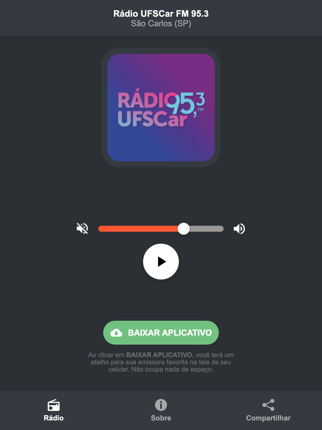 Screenshot do aplicativo da Rádio UFSCar FM 95.3