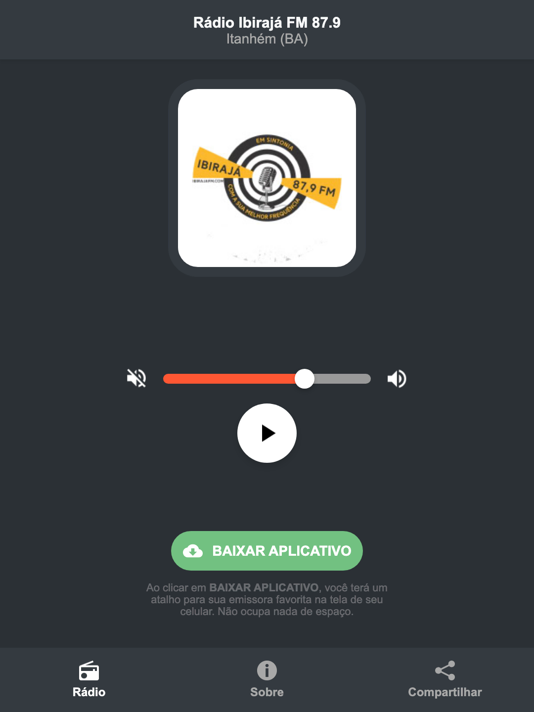 Screenshot do aplicativo da Rádio Ibirajá FM 87.9