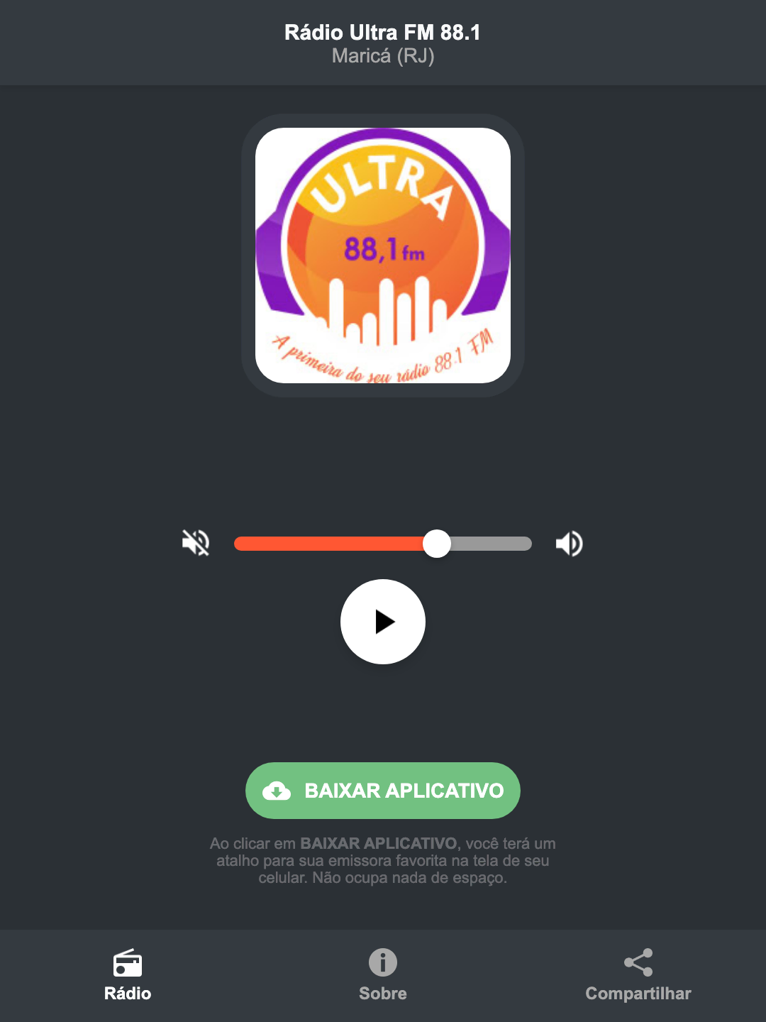 Screenshot do aplicativo da Rádio Ultra FM 88.1