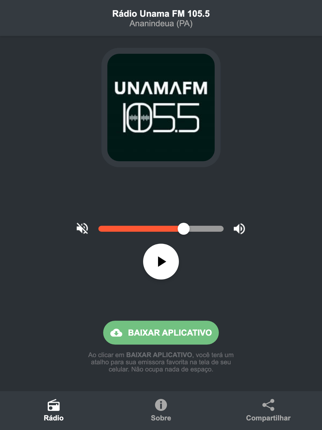 Screenshot do aplicativo da Rádio Unama FM 105.5