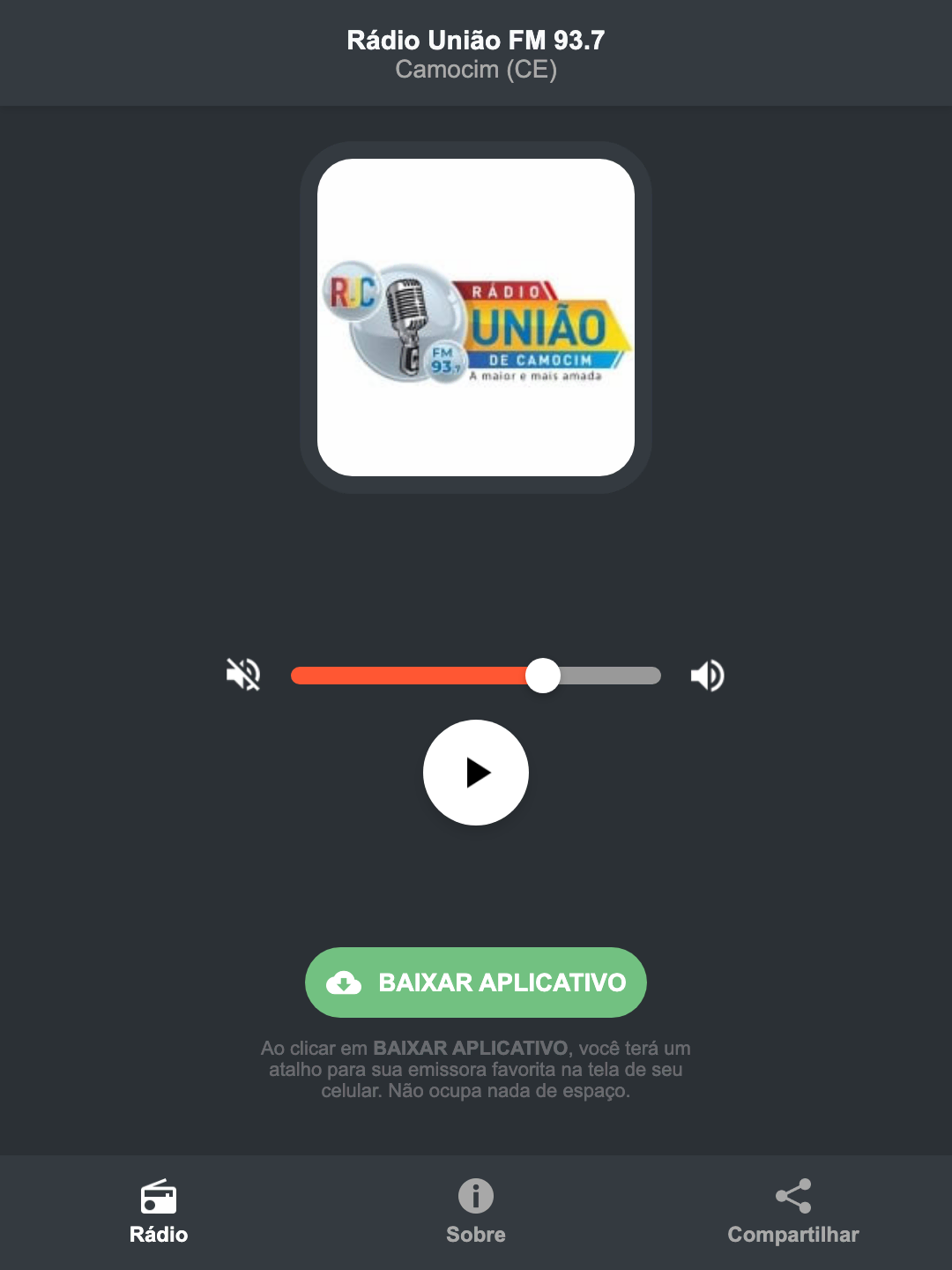 Screenshot do aplicativo da Rádio União FM 93.7