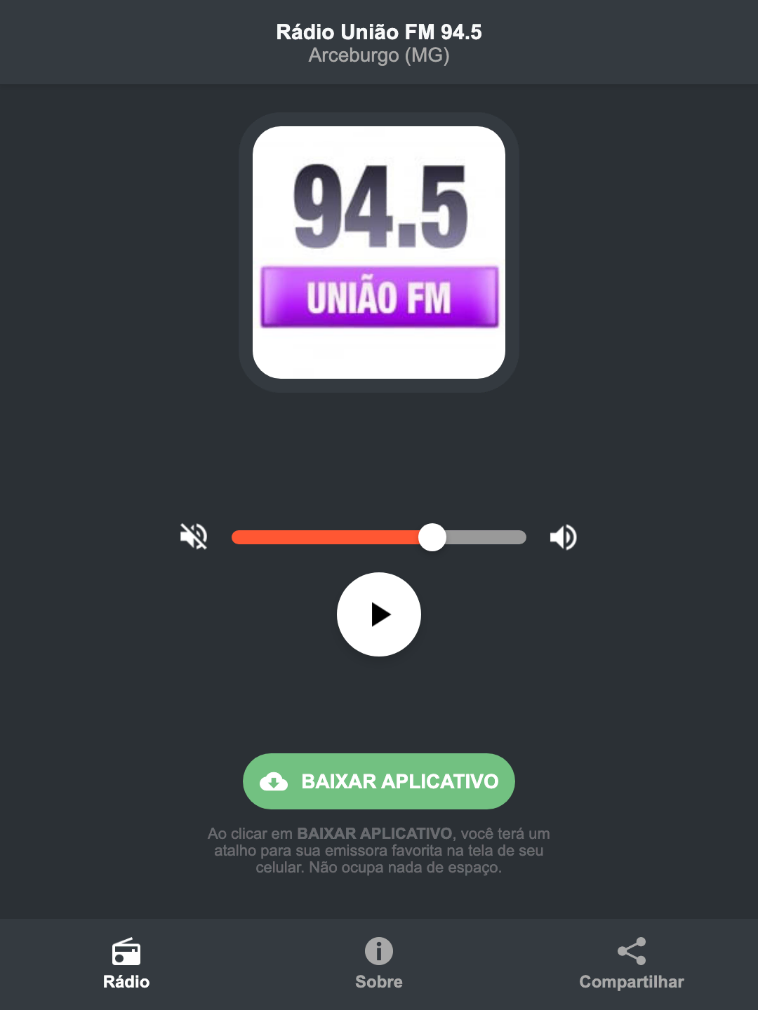 Screenshot do aplicativo da Rádio União FM 94.5