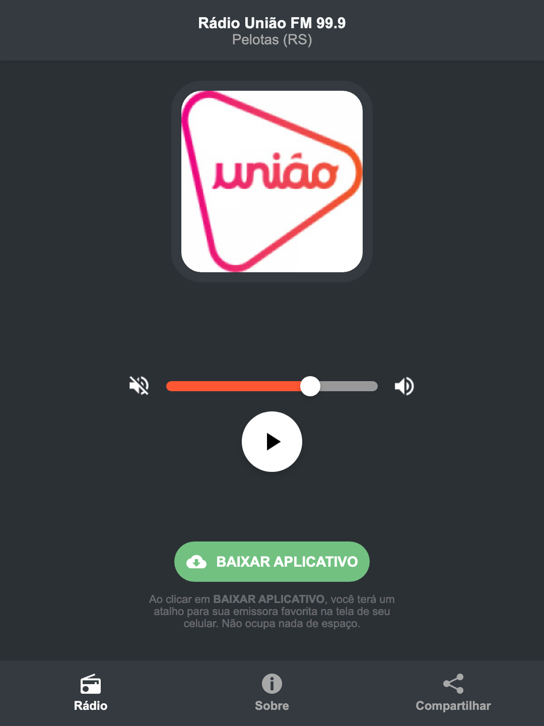 Screenshot do aplicativo da Rádio União FM 99.9