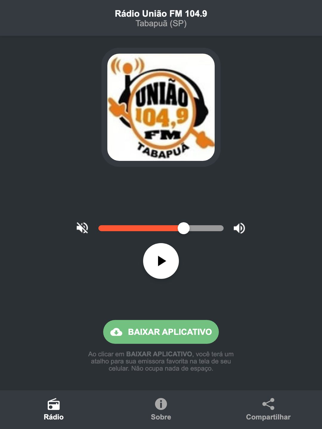 Screenshot do aplicativo da Rádio União FM 104.9