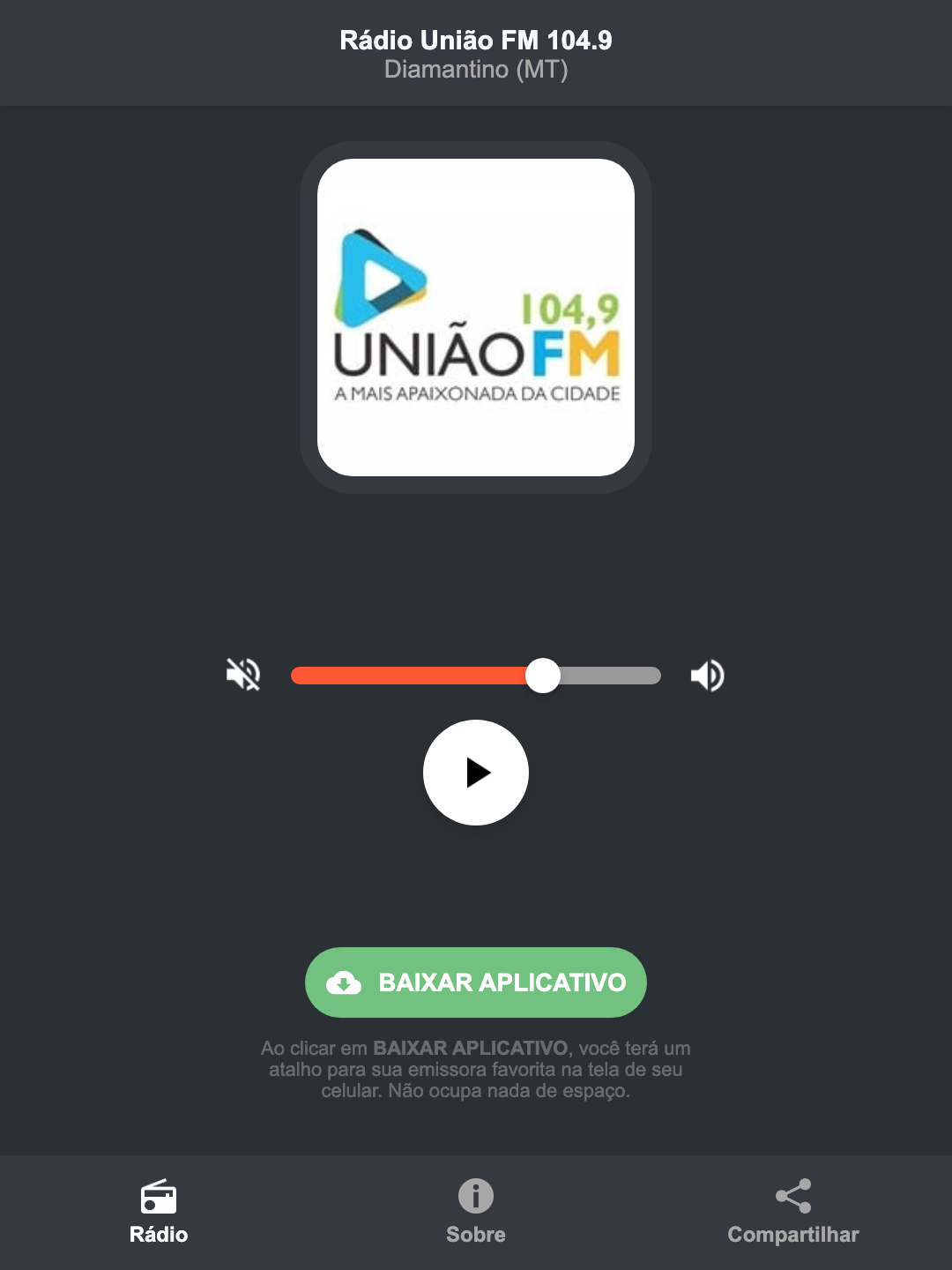 Screenshot do aplicativo da Rádio União FM 104.9