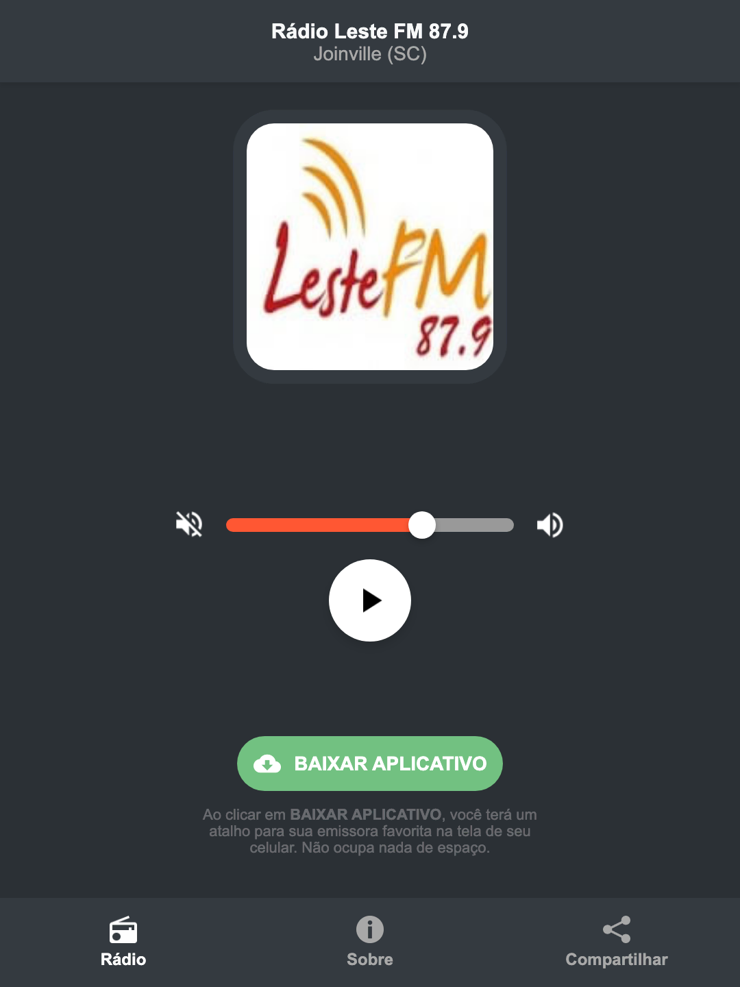Screenshot do aplicativo da Rádio Leste FM 87.9