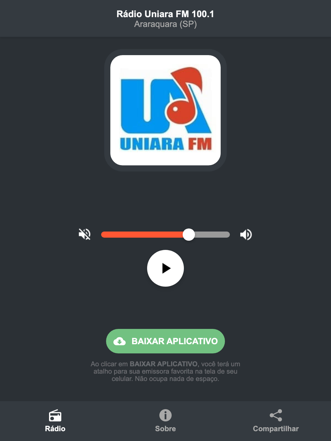 Screenshot do aplicativo da Rádio Uniara FM 100.1