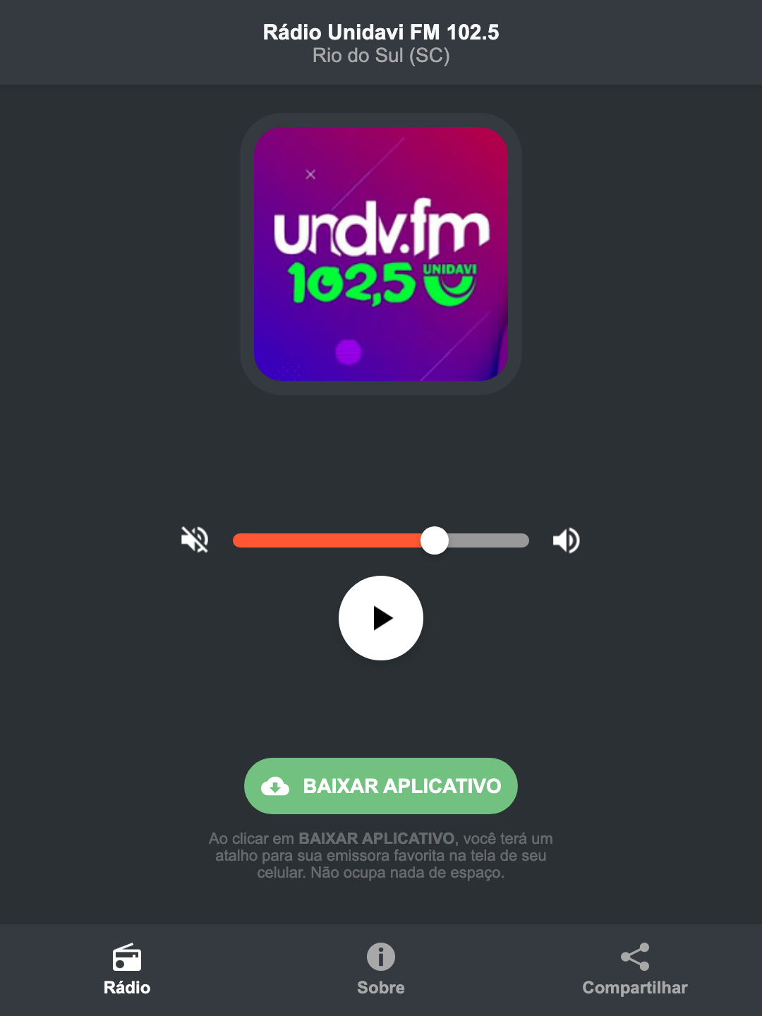 Screenshot do aplicativo da Rádio Unidavi FM 102.5