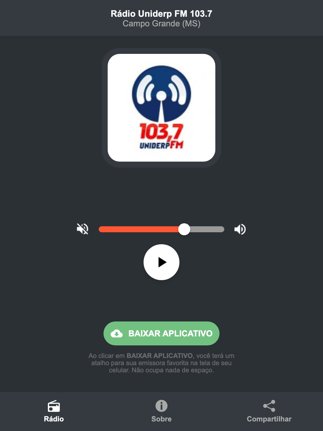 Screenshot do aplicativo da Rádio Uniderp FM 103.7