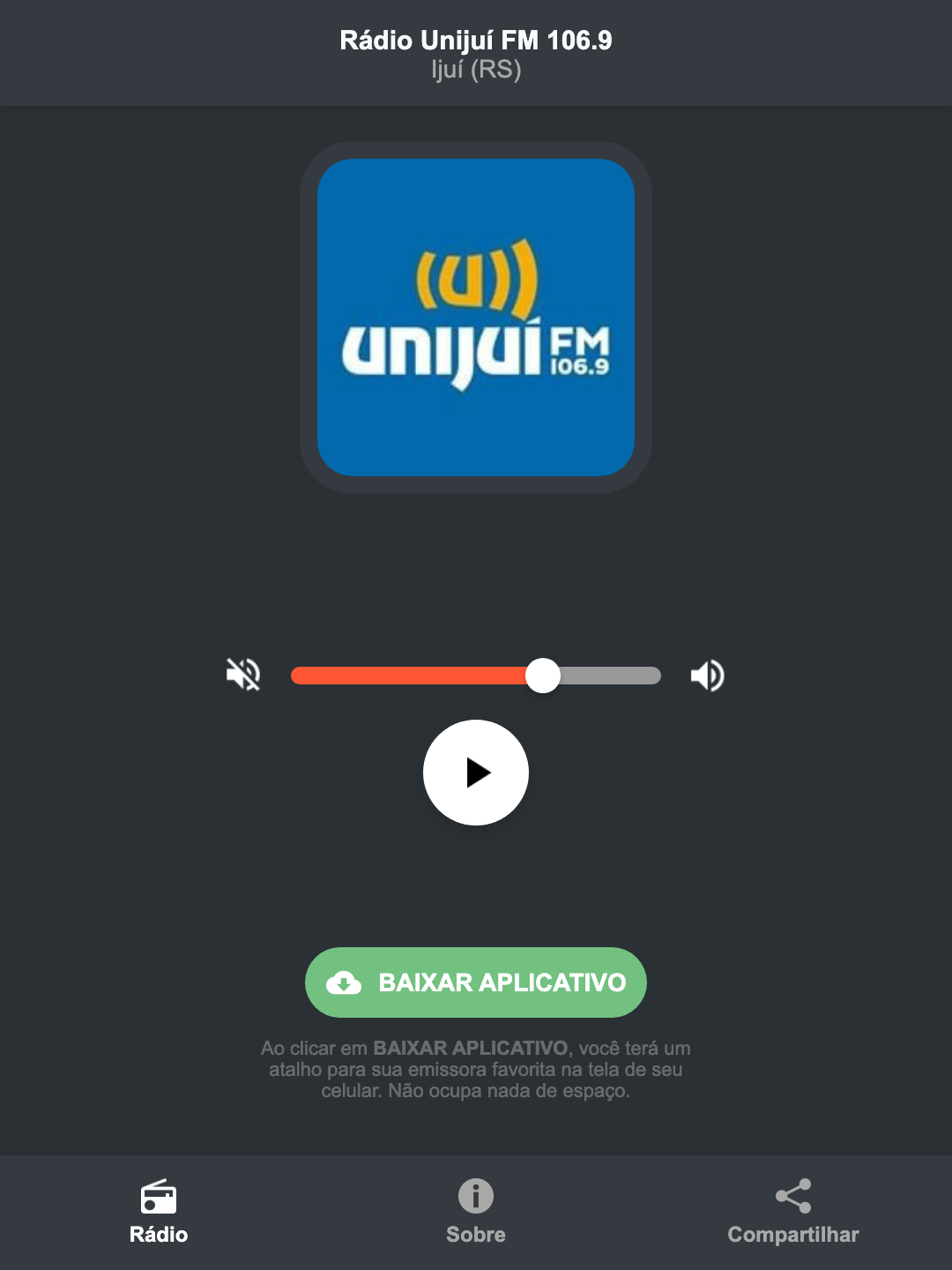 Screenshot do aplicativo da Rádio Unijuí FM 106.9