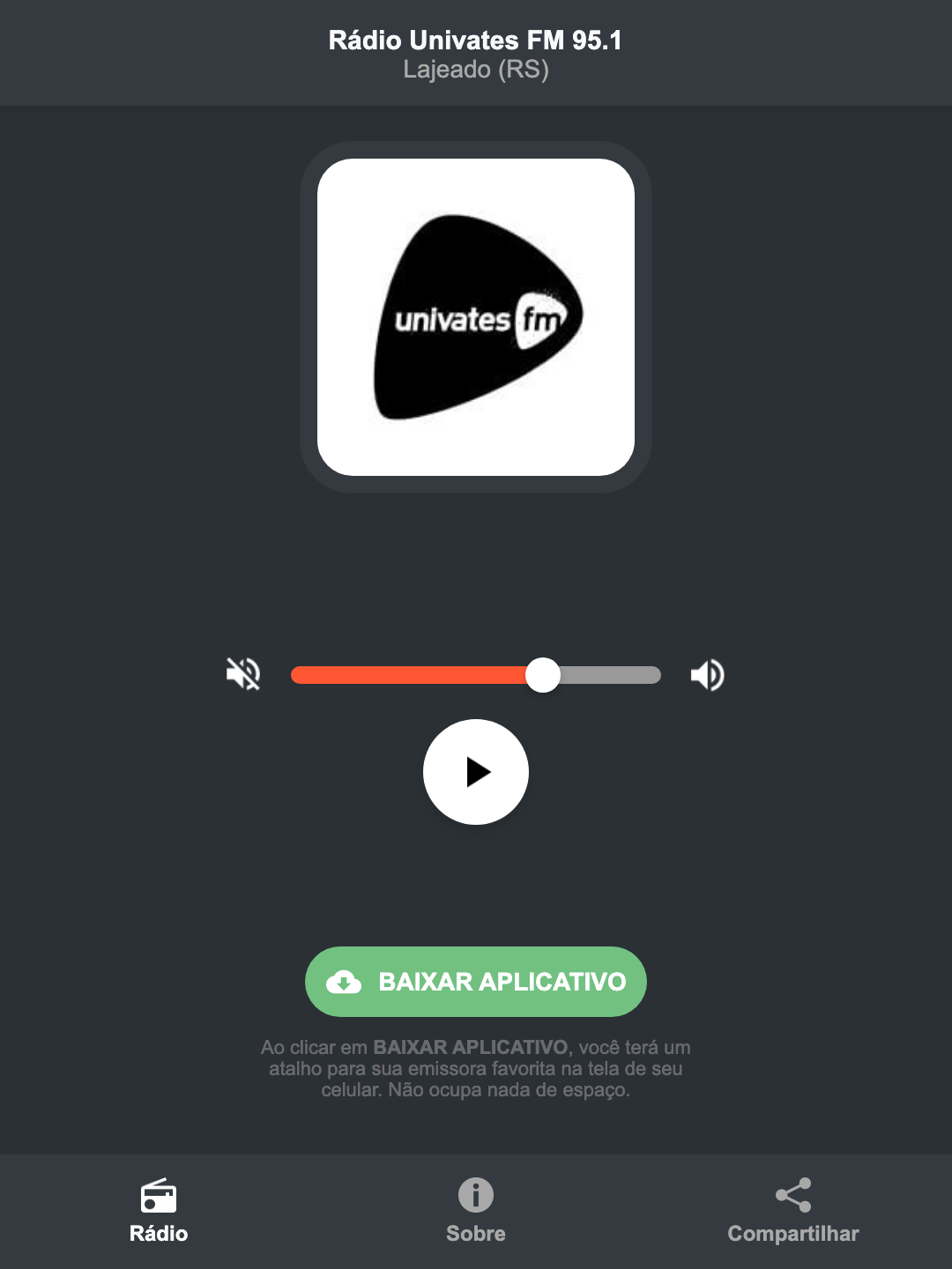 Screenshot do aplicativo da Rádio Univates FM 95.1