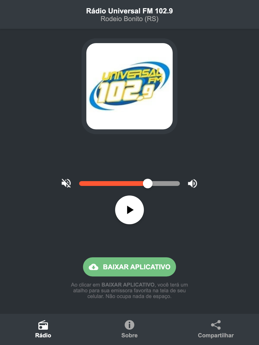 Screenshot do aplicativo da Rádio Universal FM 102.9