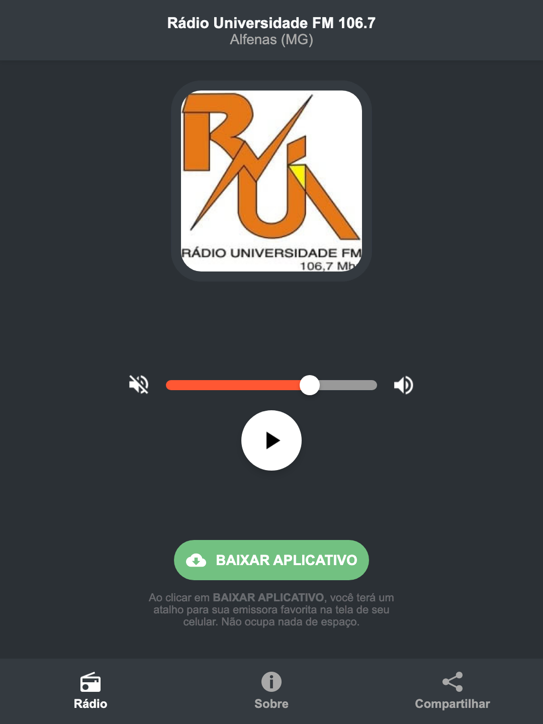 Screenshot do aplicativo da Rádio Universidade FM 106.7