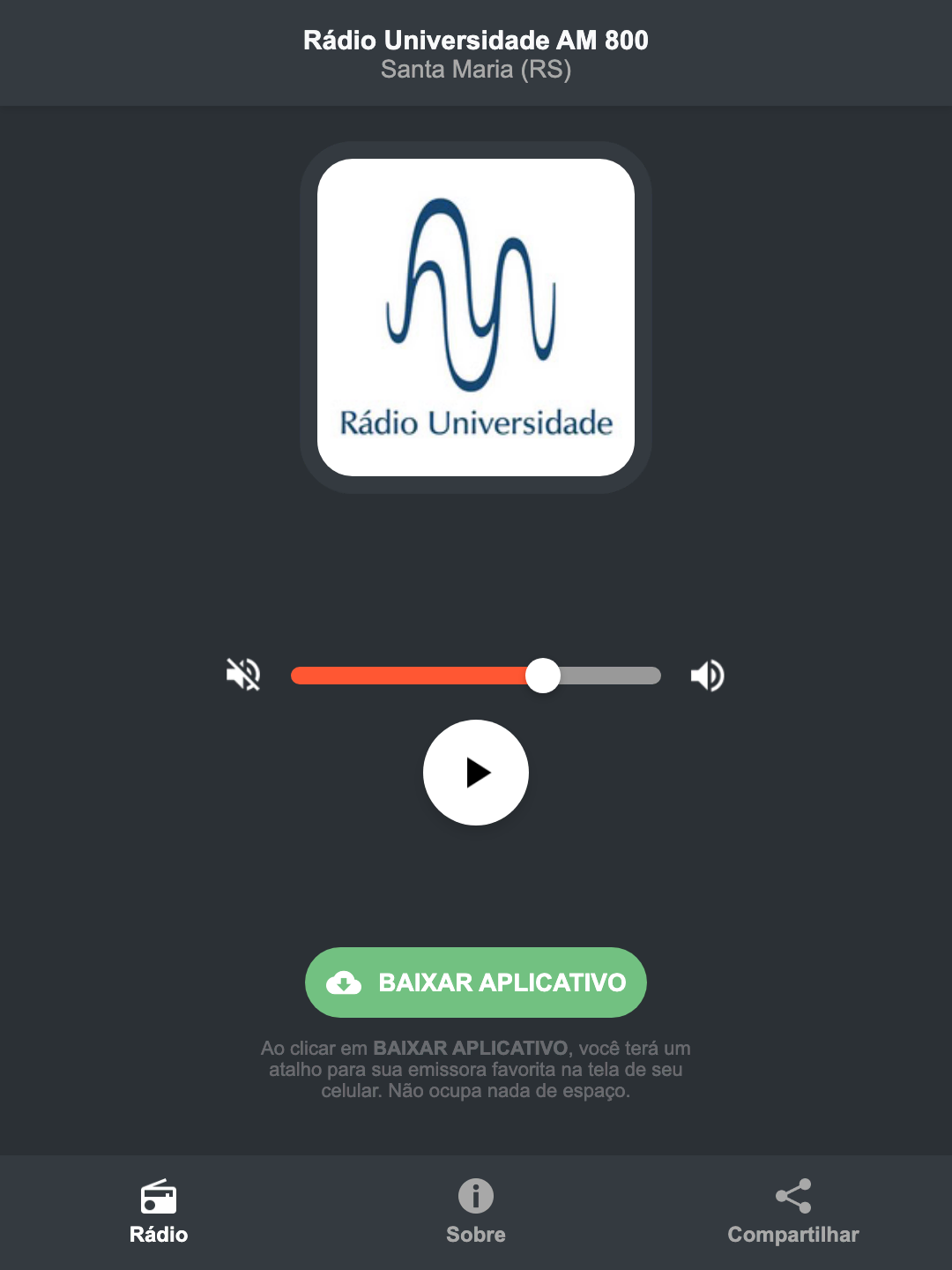 Screenshot do aplicativo da Rádio Universidade AM 800