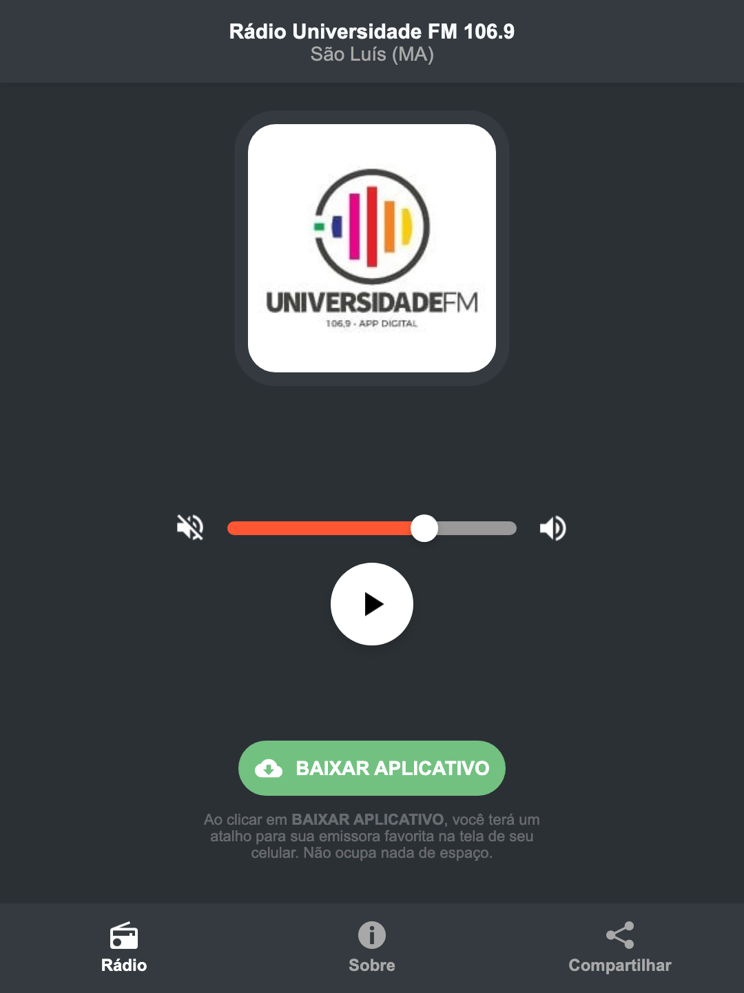 Screenshot do aplicativo da Rádio Universidade FM 106.9