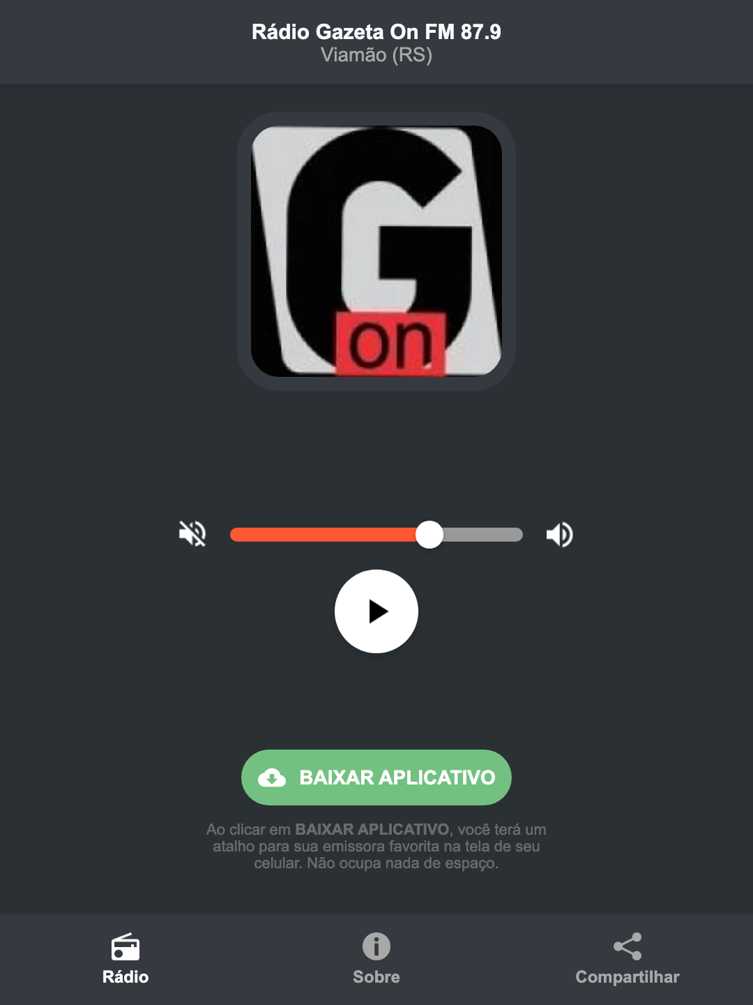 Screenshot do aplicativo da Rádio Gazeta On FM 87.9
