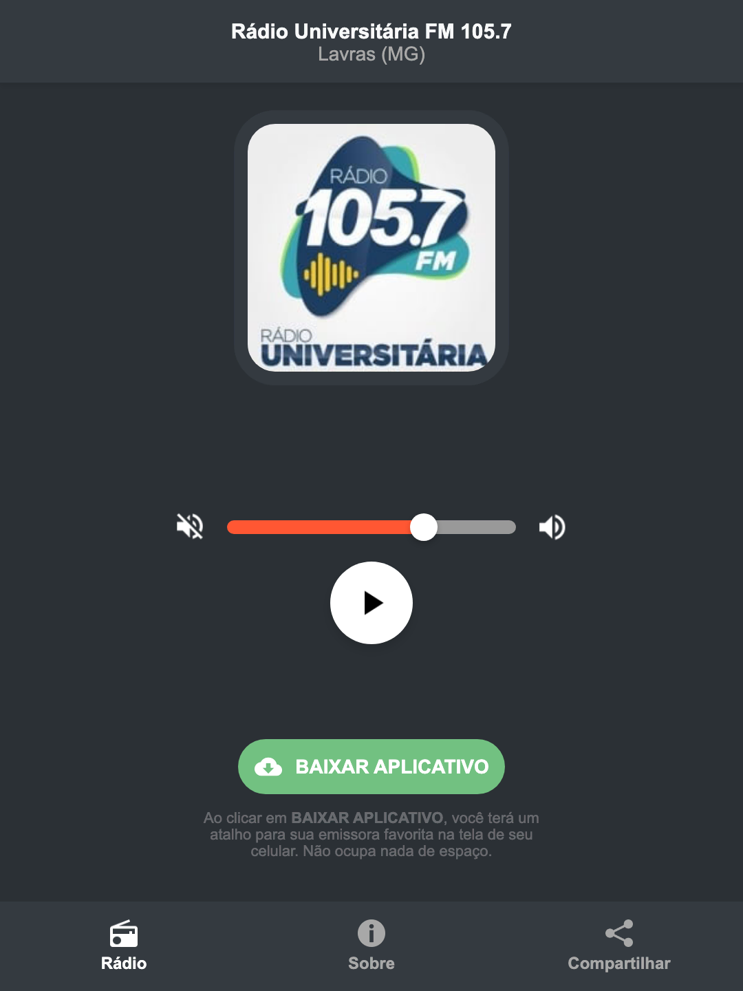 Screenshot do aplicativo da Rádio Universitária FM 105.7