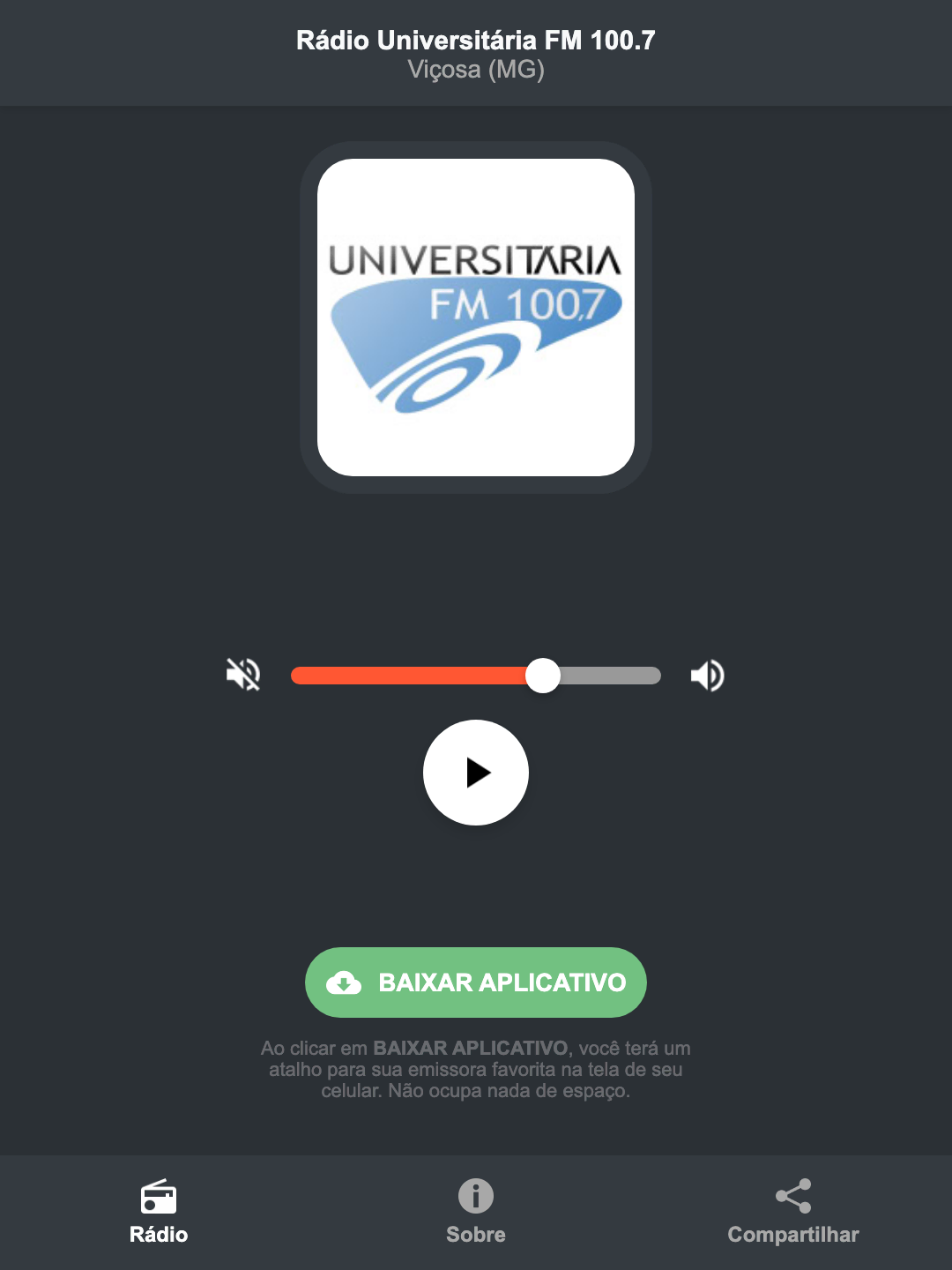Screenshot do aplicativo da Rádio Universitária FM 100.7