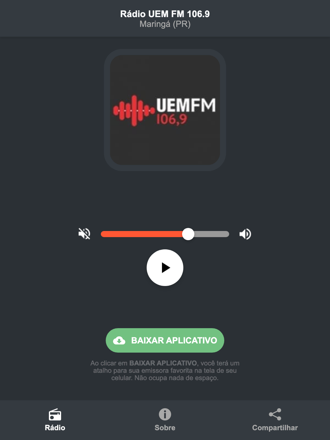 Screenshot do aplicativo da Rádio UEM FM 106.9