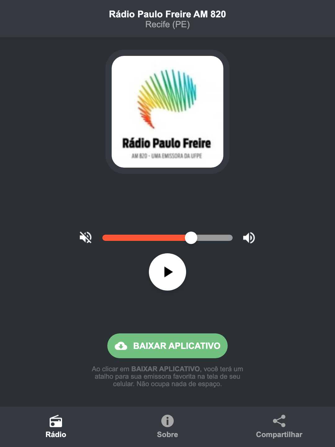 Screenshot do aplicativo da Rádio Paulo Freire AM 820