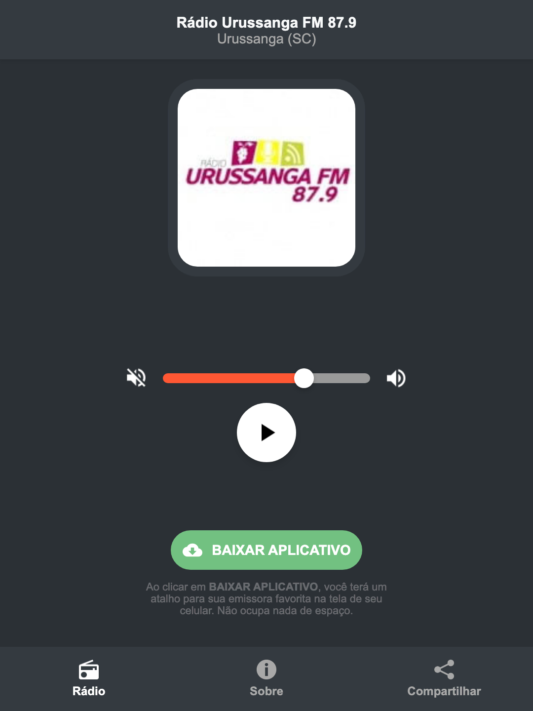 Screenshot do aplicativo da Rádio Urussanga FM 87.9