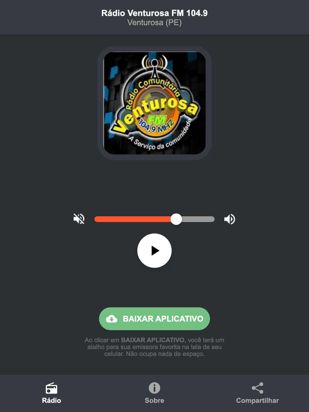Screenshot do aplicativo da Rádio Venturosa FM 104.9