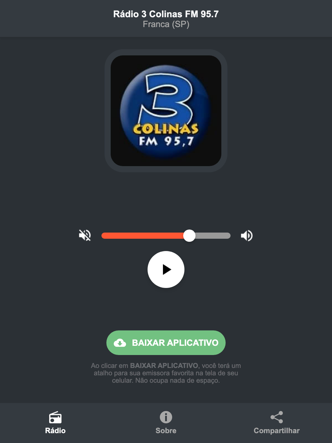 Screenshot do aplicativo da Rádio 3 Colinas FM 95.7
