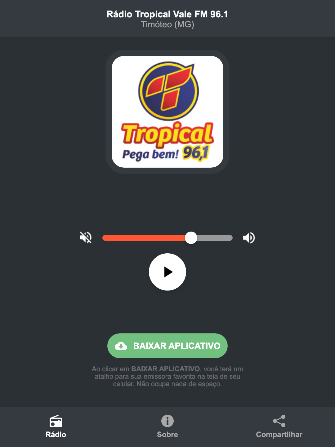Screenshot do aplicativo da Rádio Tropical Vale FM 96.1