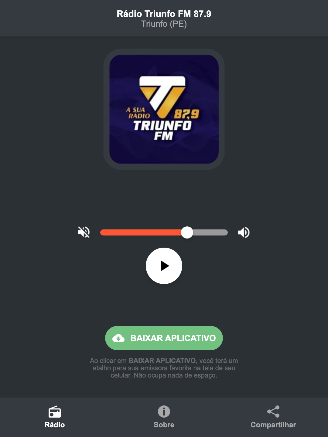 Screenshot do aplicativo da Rádio Triunfo FM 87.9