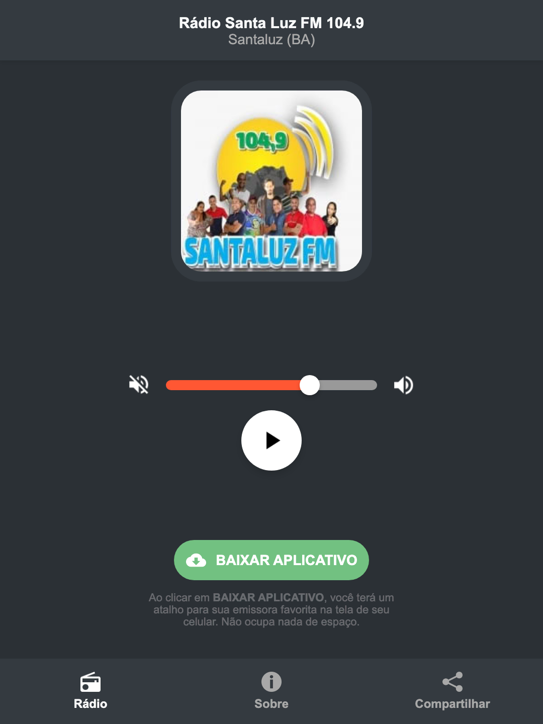 Screenshot do aplicativo da Rádio Santa Luz FM 104.9