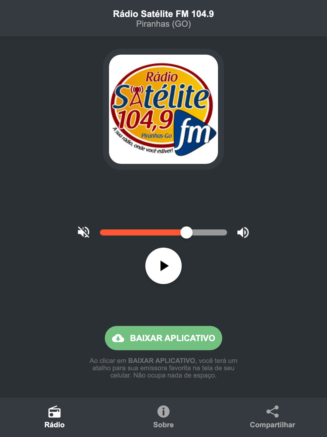 Screenshot do aplicativo da Rádio Satélite FM 104.9