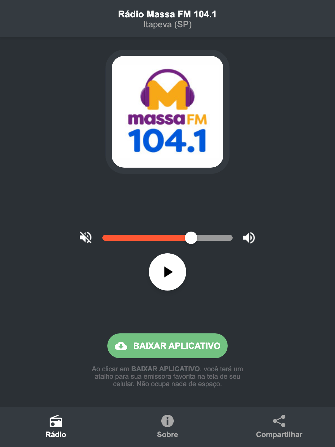 Screenshot do aplicativo da Rádio Massa FM 104.1