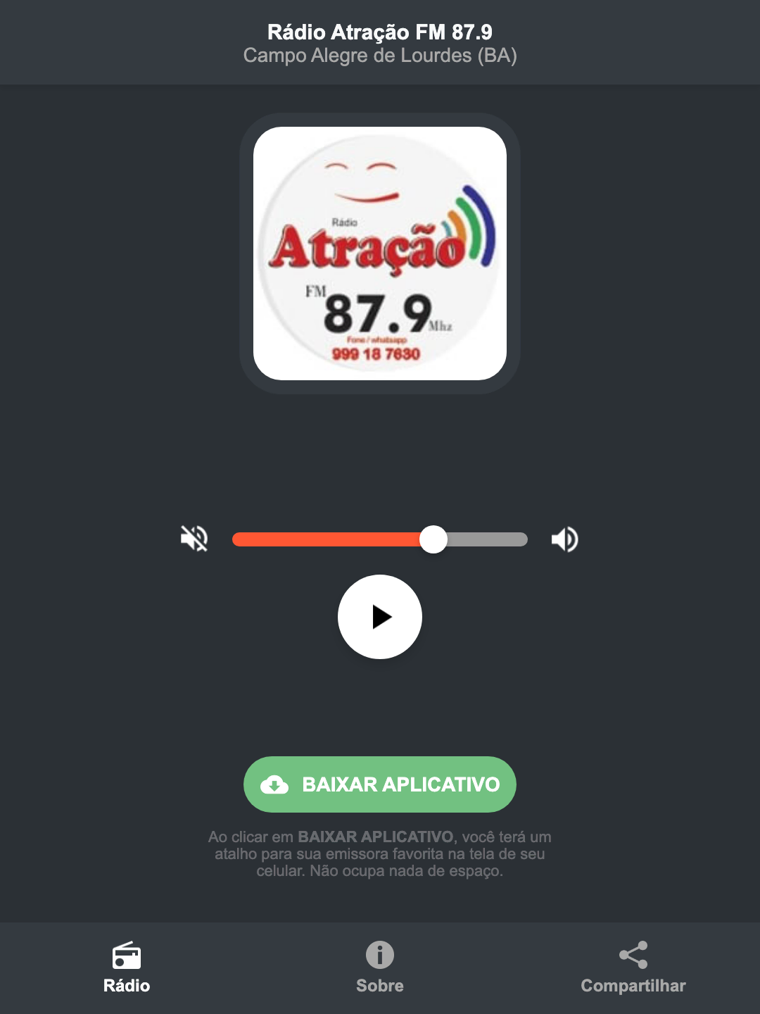 Screenshot do aplicativo da Rádio Atração FM 87.9