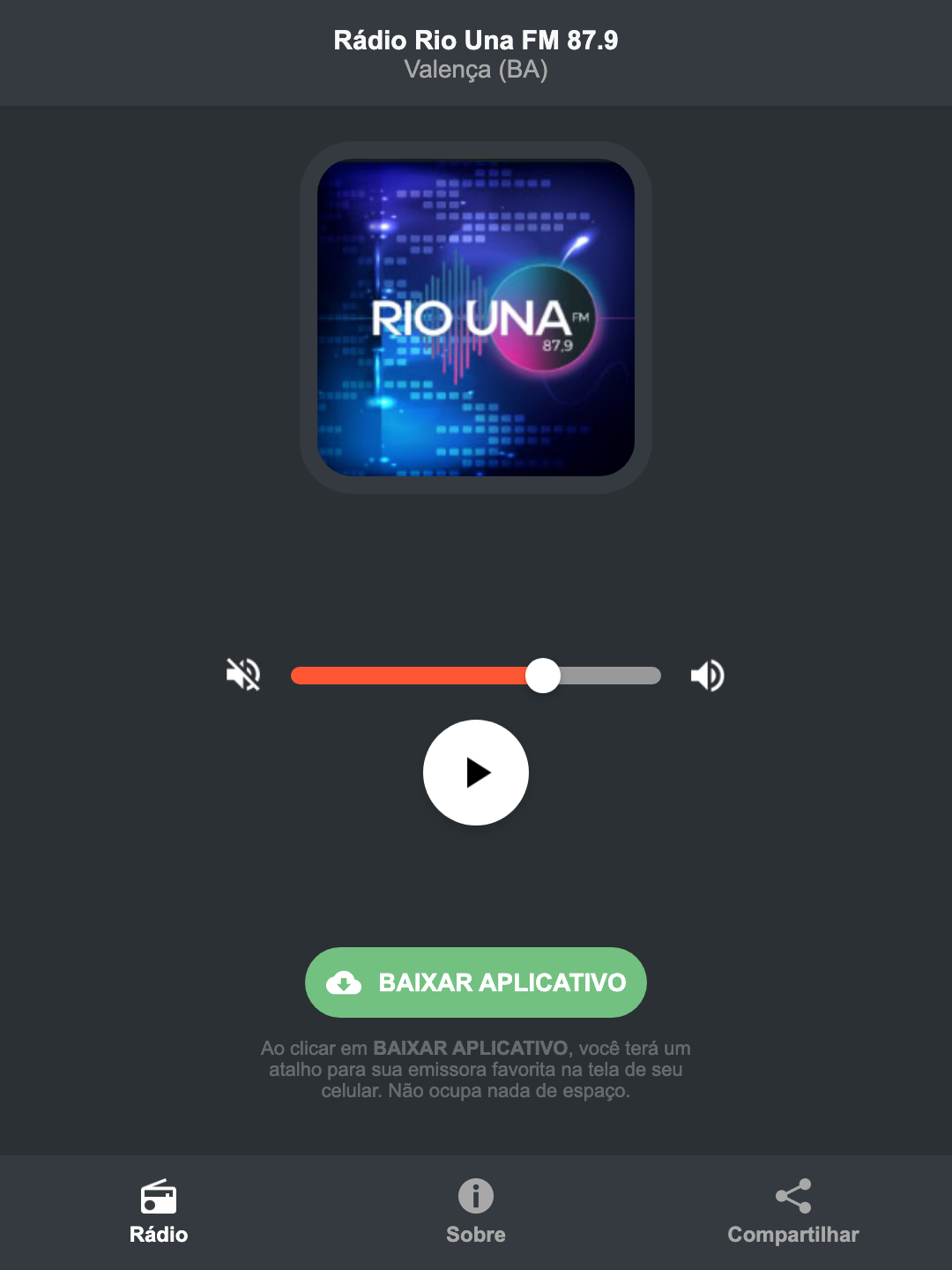 Screenshot do aplicativo da Rádio Rio Una FM 87.9