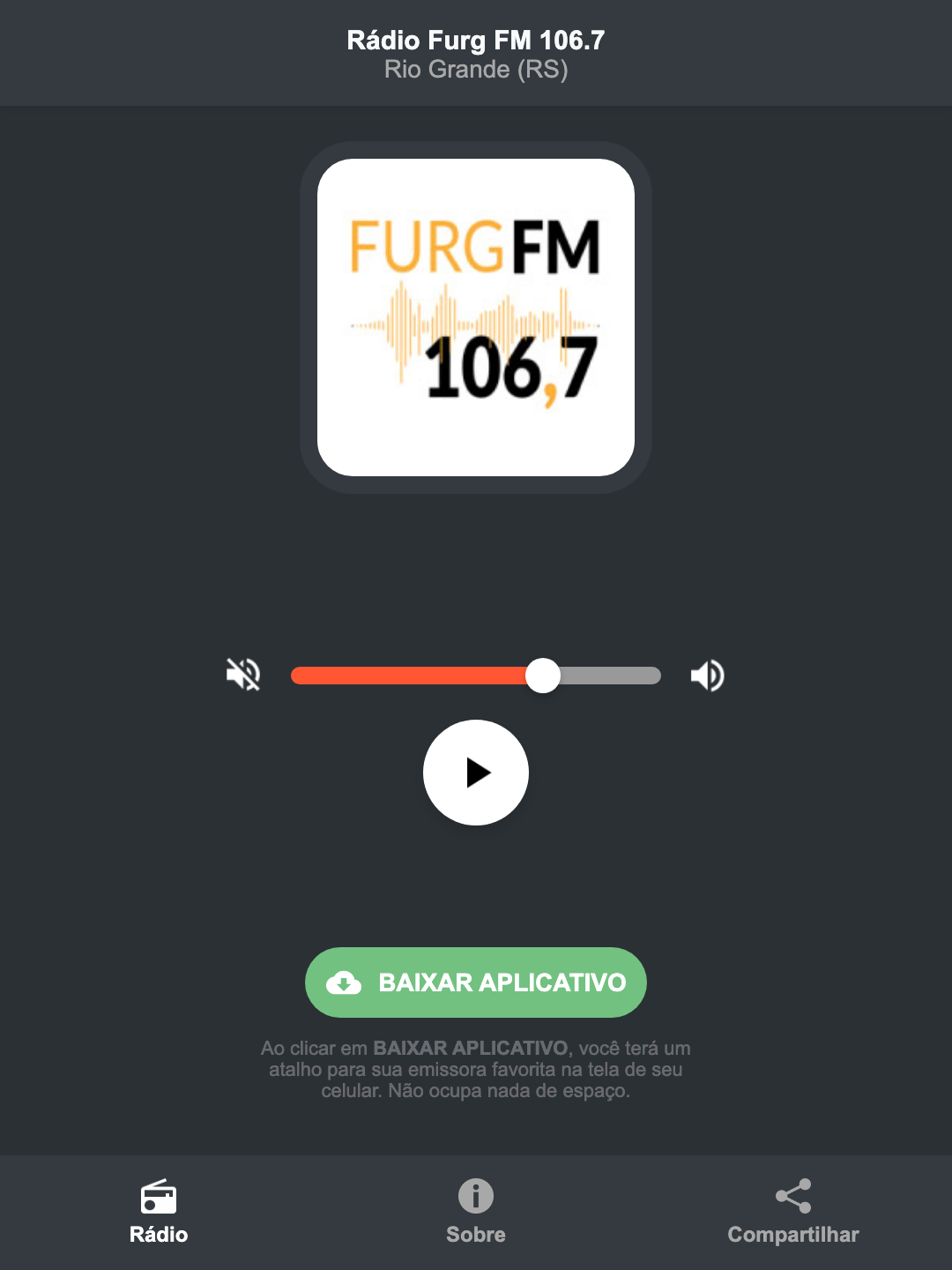 Screenshot do aplicativo da Rádio Furg FM 106.7