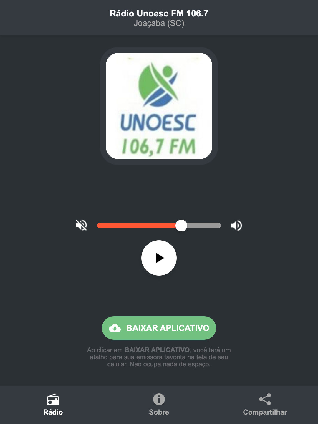 Screenshot do aplicativo da Rádio Unoesc FM 106.7