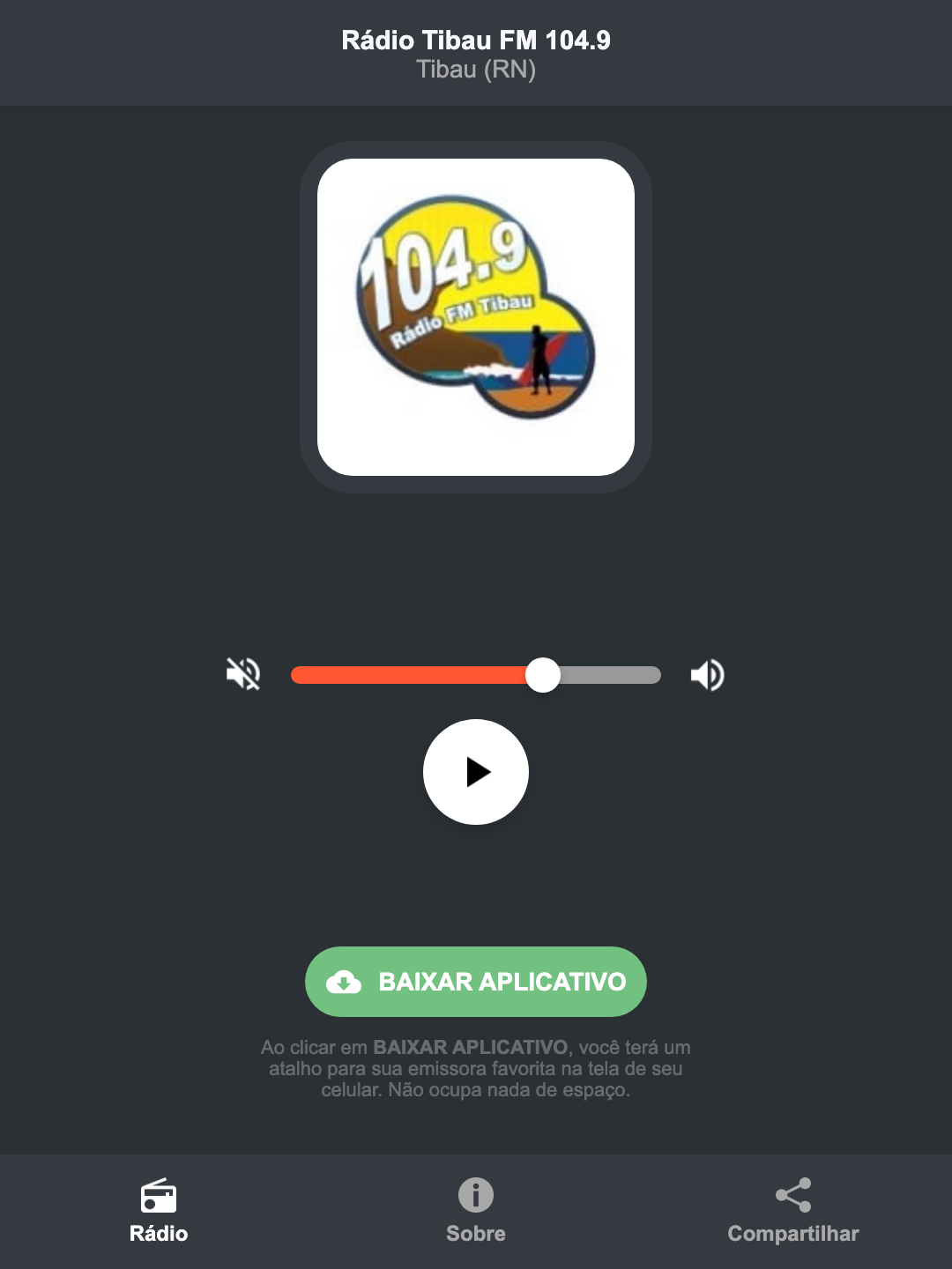 Screenshot do aplicativo da Rádio Tibau FM 104.9