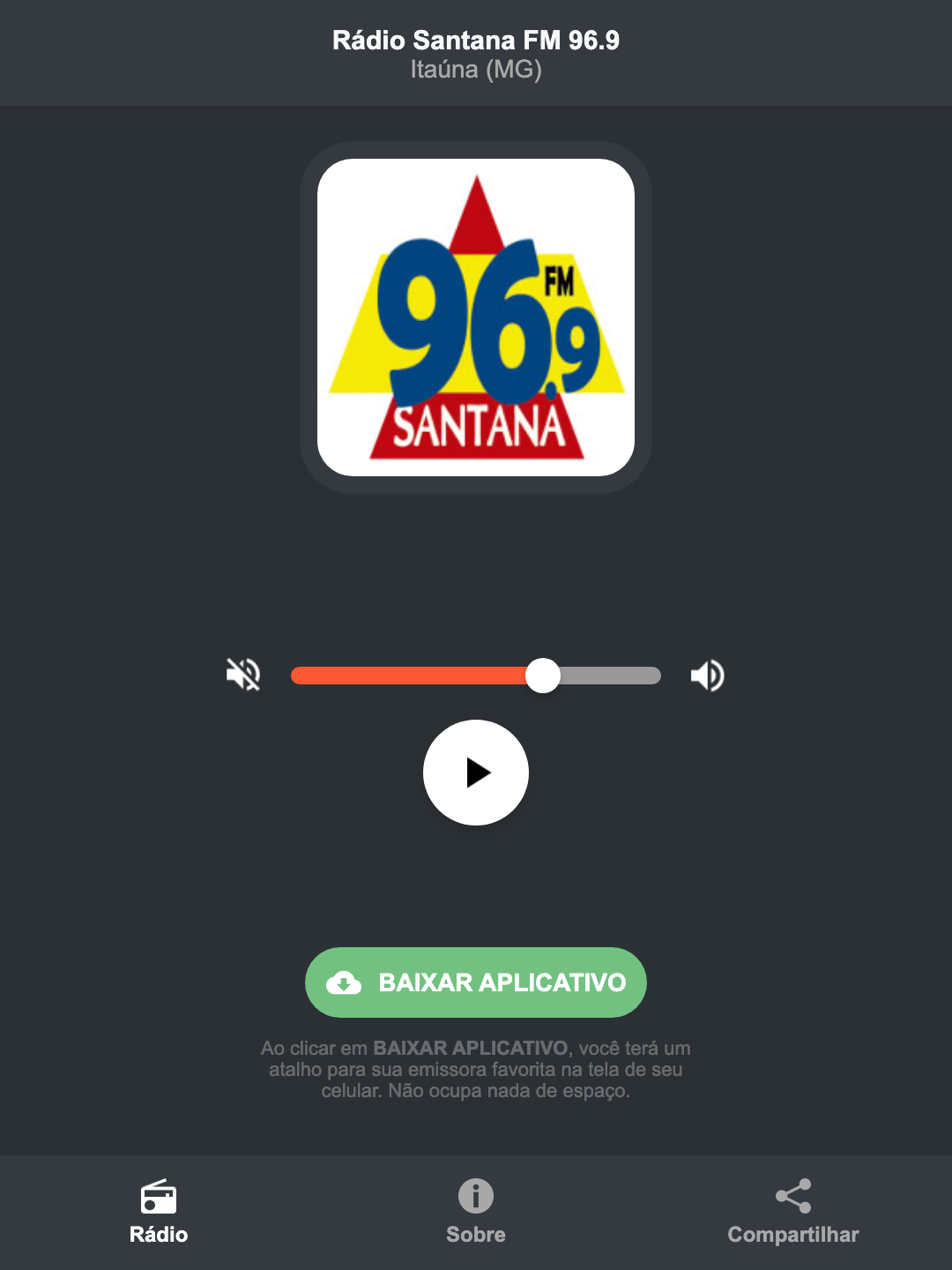 Screenshot do aplicativo da Rádio Santana FM 96.9