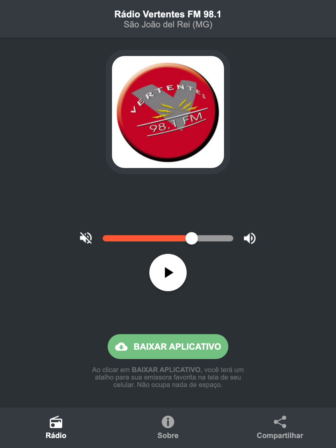 Screenshot do aplicativo da Rádio Vertentes FM 98.1