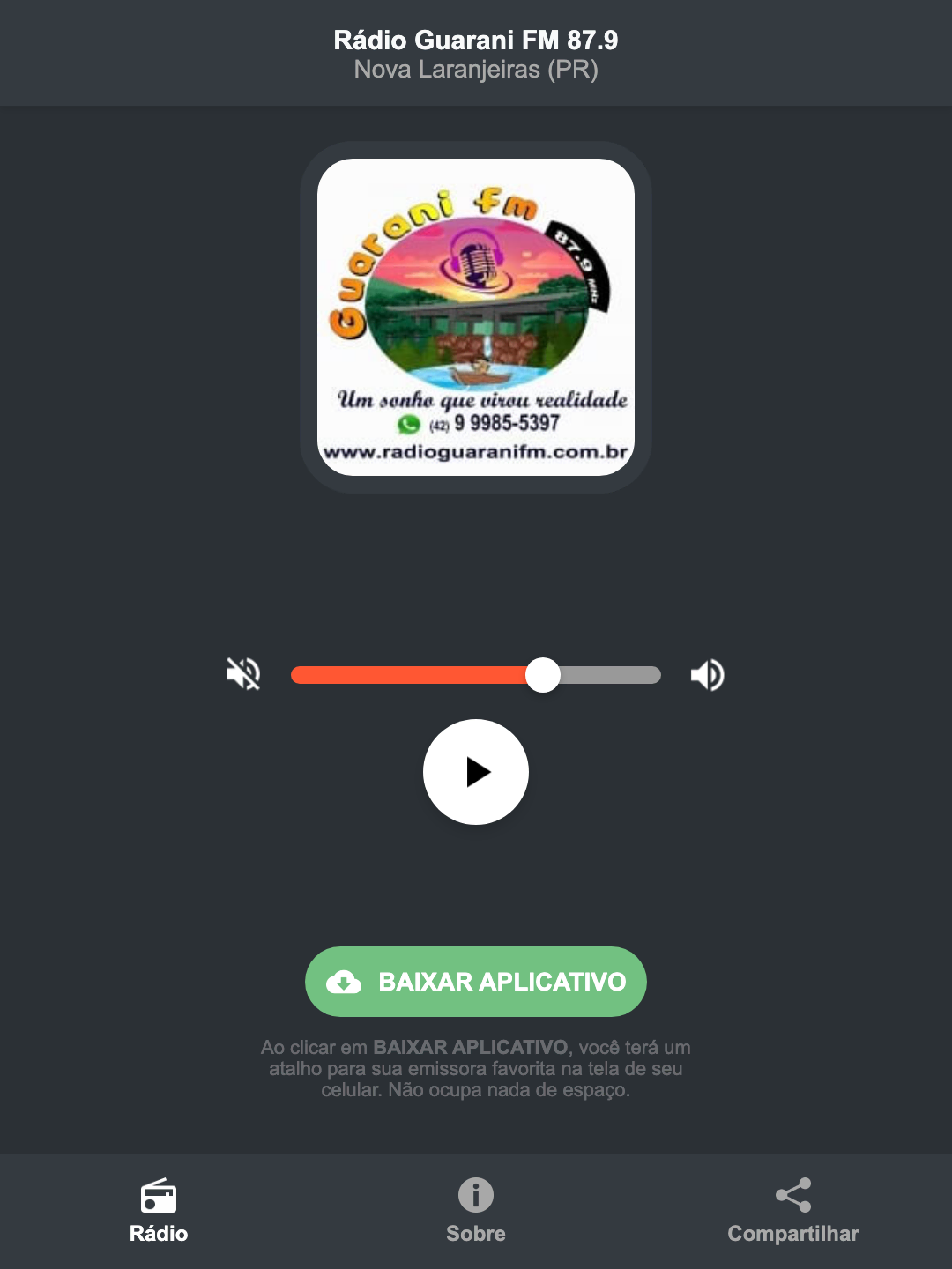 Screenshot do aplicativo da Rádio Guarani FM 87.9