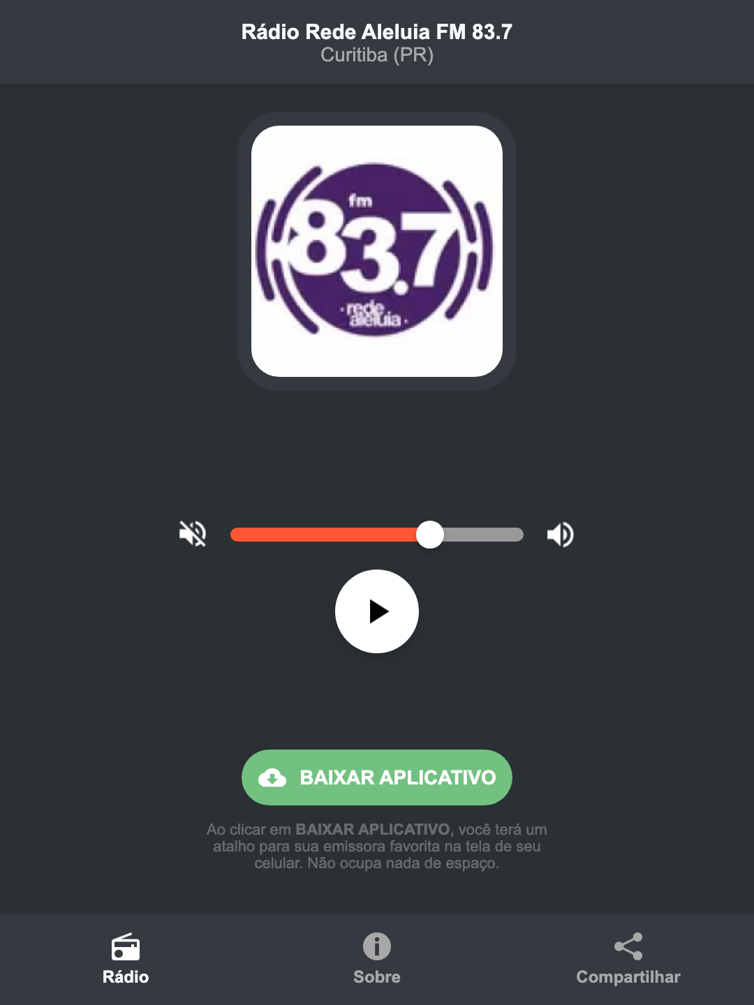 Screenshot do aplicativo da Rádio Rede Aleluia FM 83.7