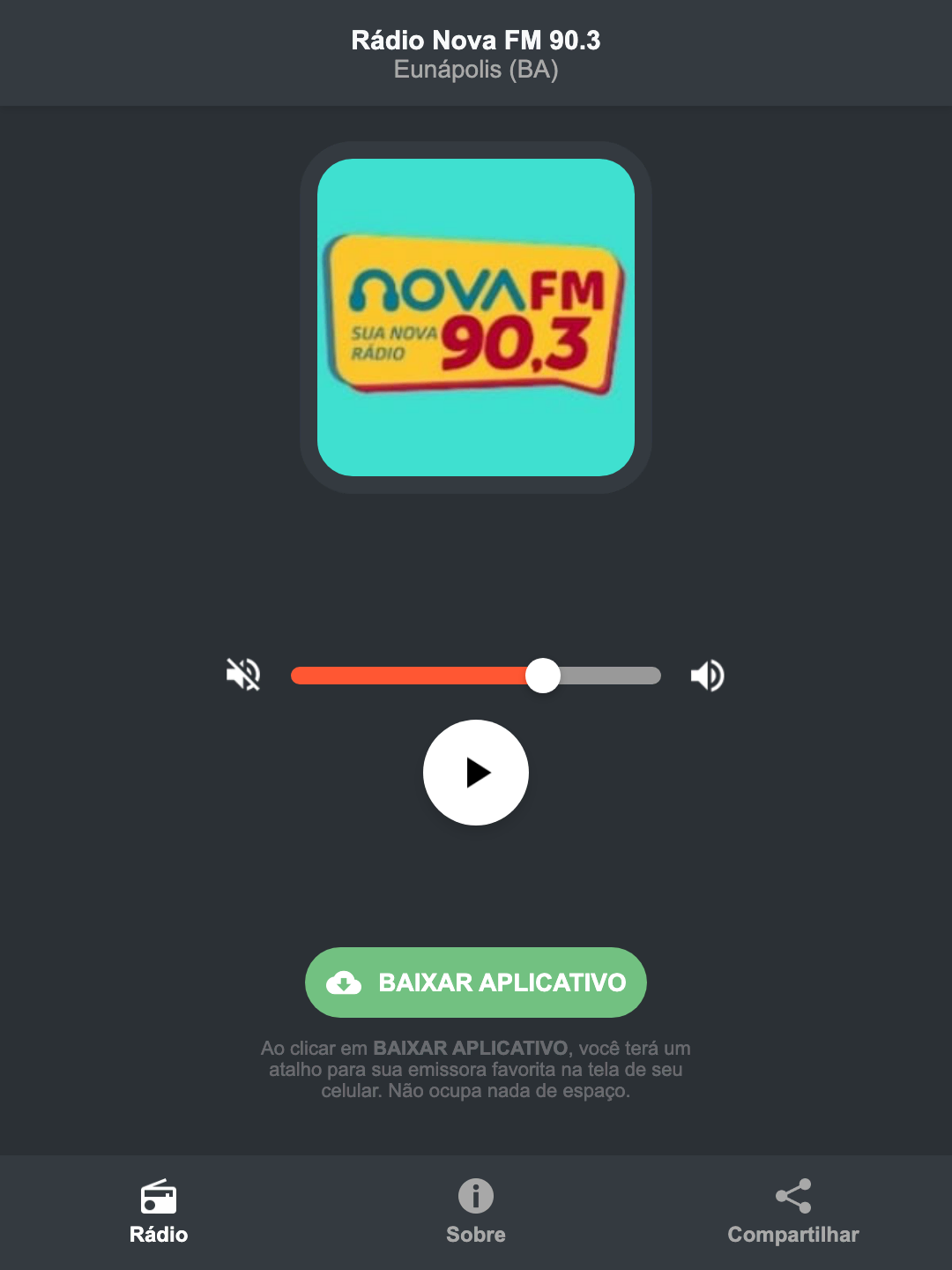 Screenshot do aplicativo da Rádio Nova FM 90.3