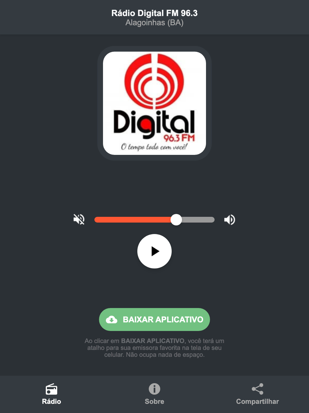Screenshot do aplicativo da Rádio Digital FM 96.3