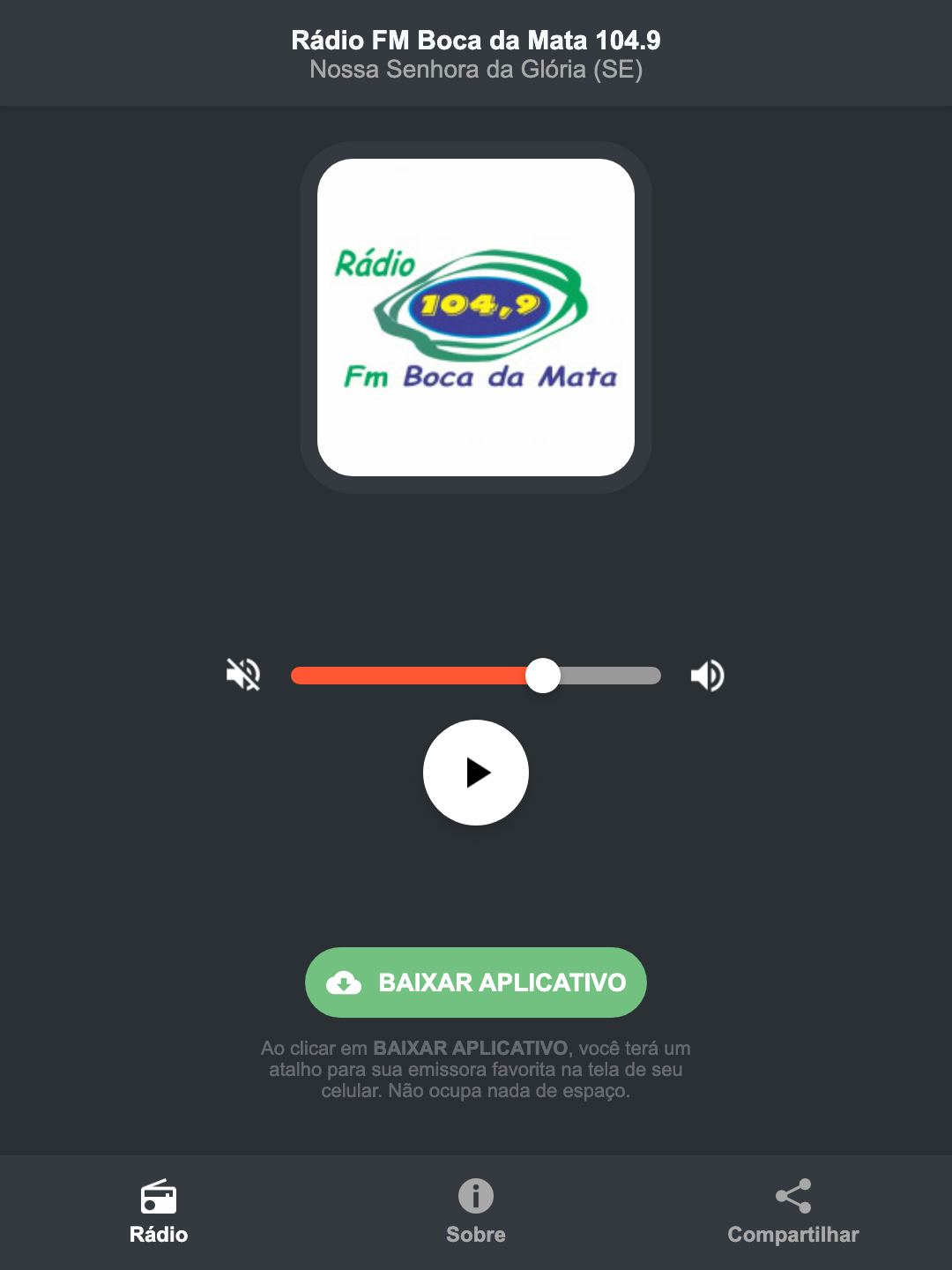 Screenshot do aplicativo da Rádio FM Boca da Mata 104.9