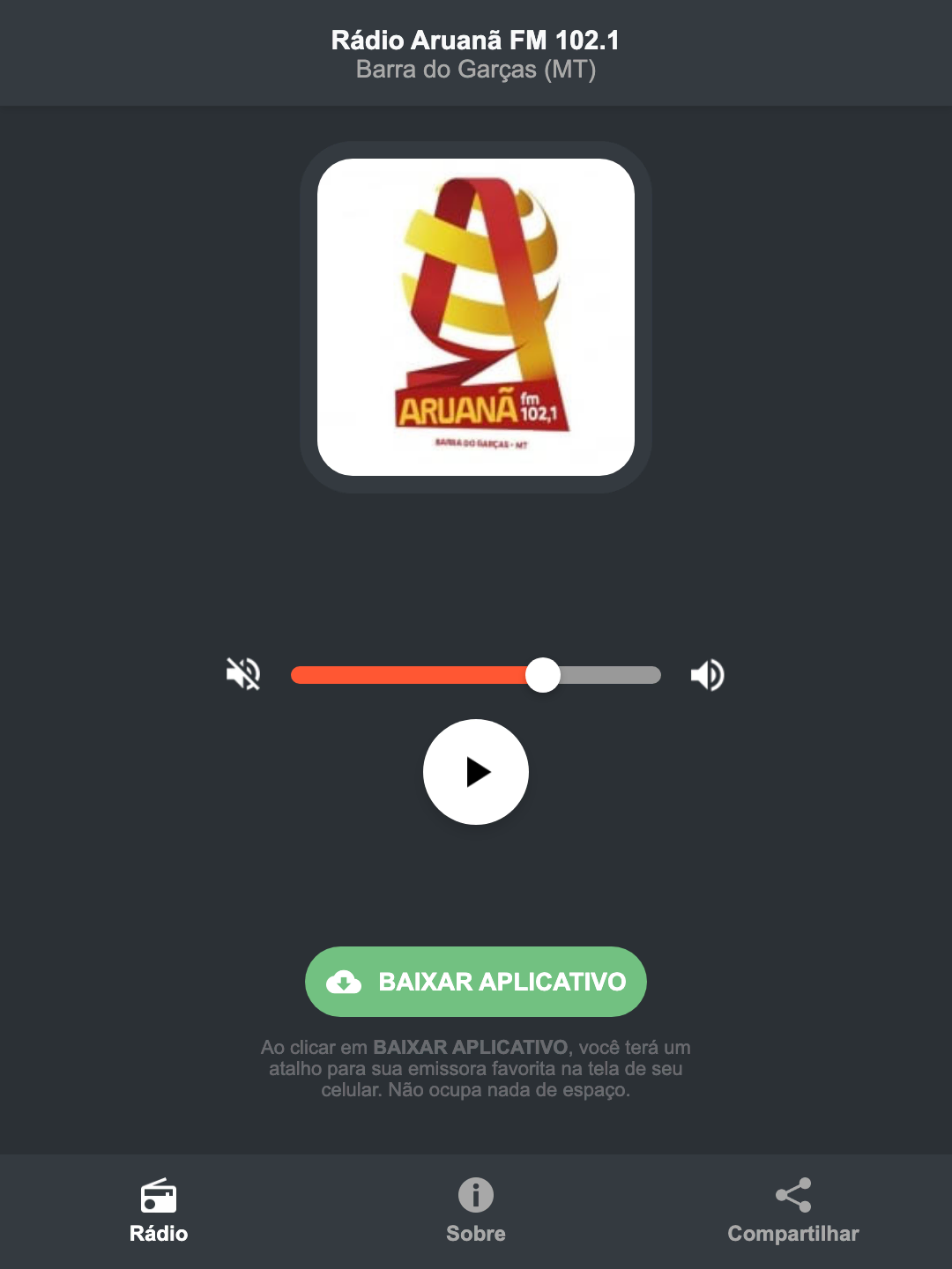 Screenshot do aplicativo da Rádio Aruanã FM 102.1