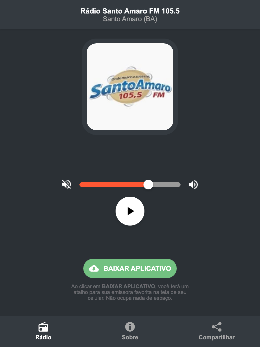 Screenshot do aplicativo da Rádio Santo Amaro FM 105.5