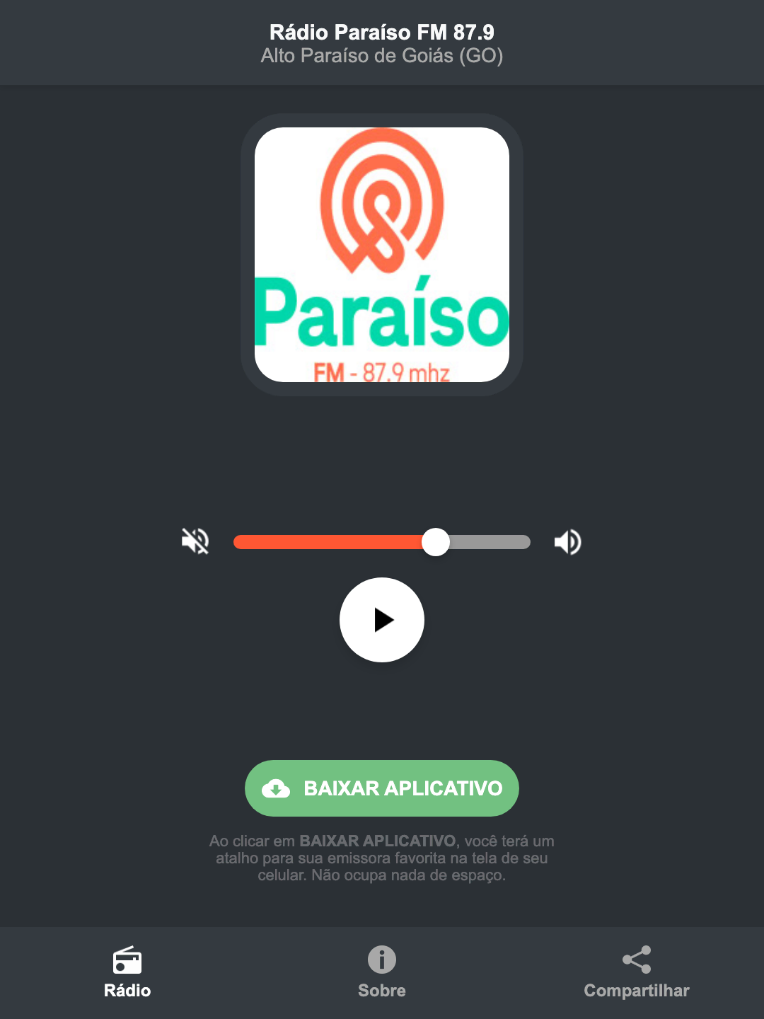 Screenshot do aplicativo da Rádio Paraíso FM 87.9