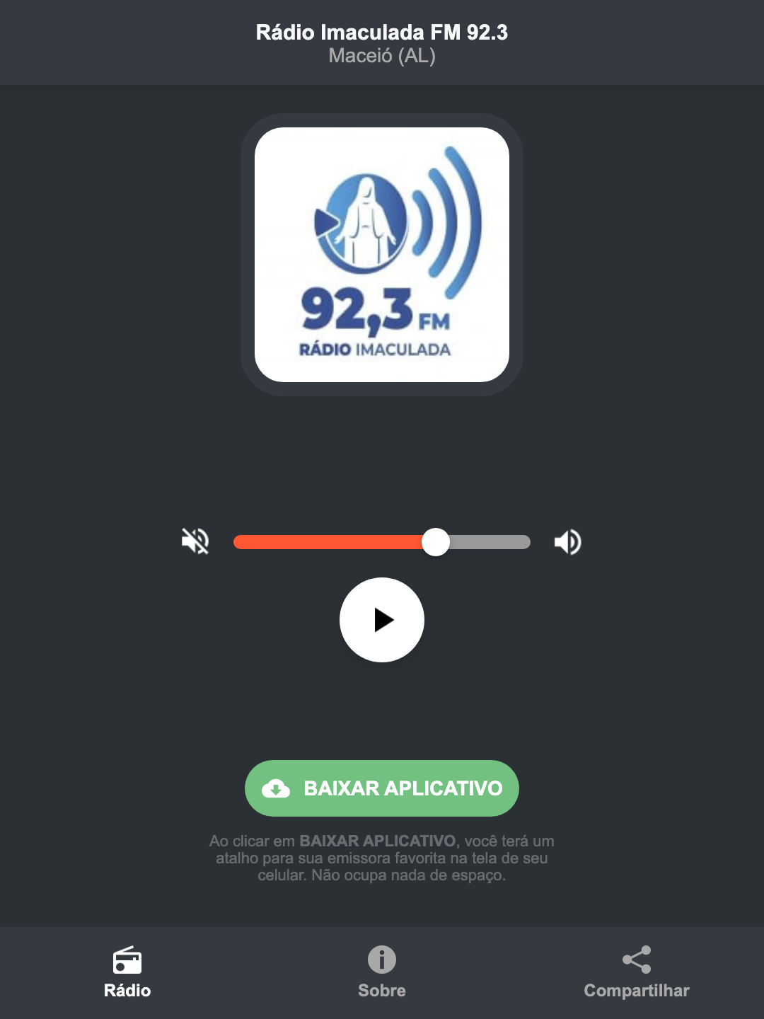 Screenshot do aplicativo da Rádio Imaculada FM 92.3