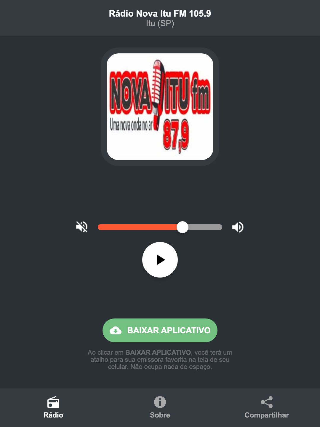 Screenshot do aplicativo da Rádio Nova Itu FM 105.9